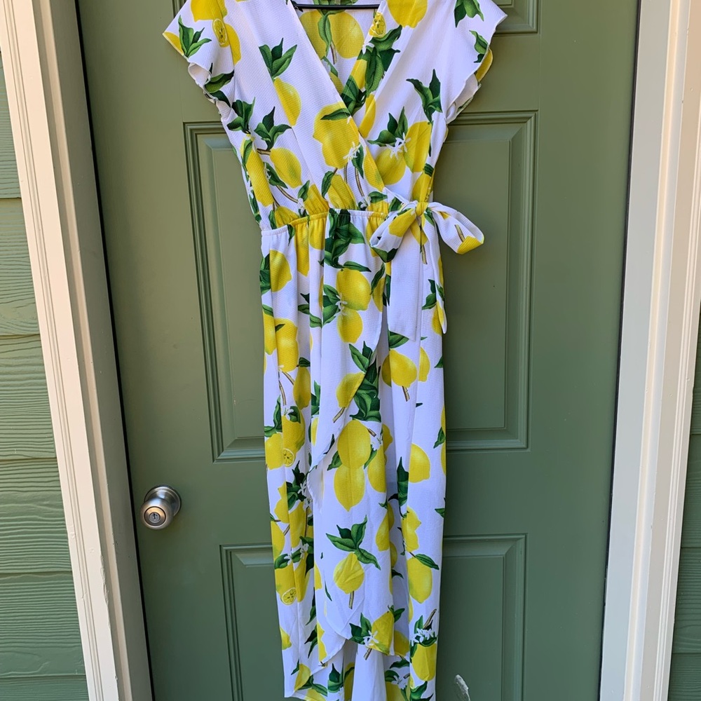 High low faux wrap lemon dress